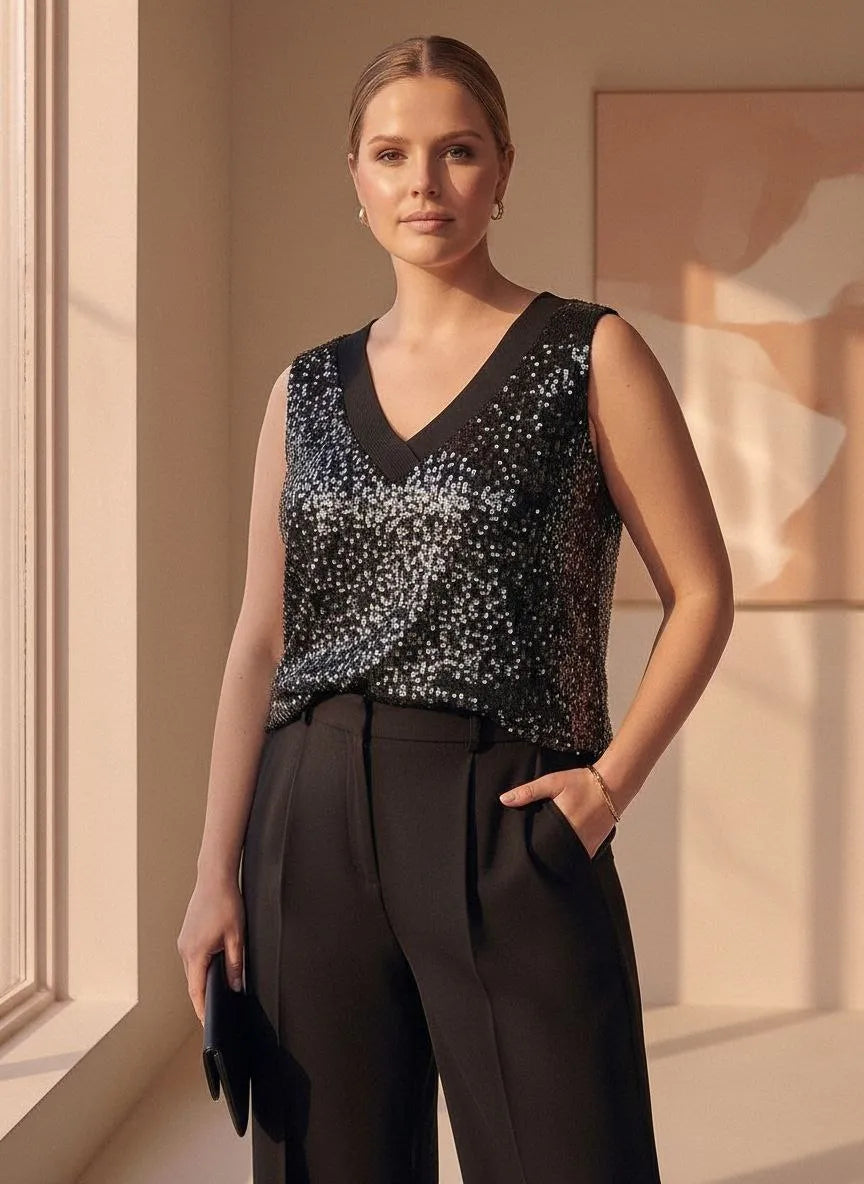 Büyük Beden Kadın Siyah V Yaka Pul Payetli Likralı Kolsuz Bluz - Image 5