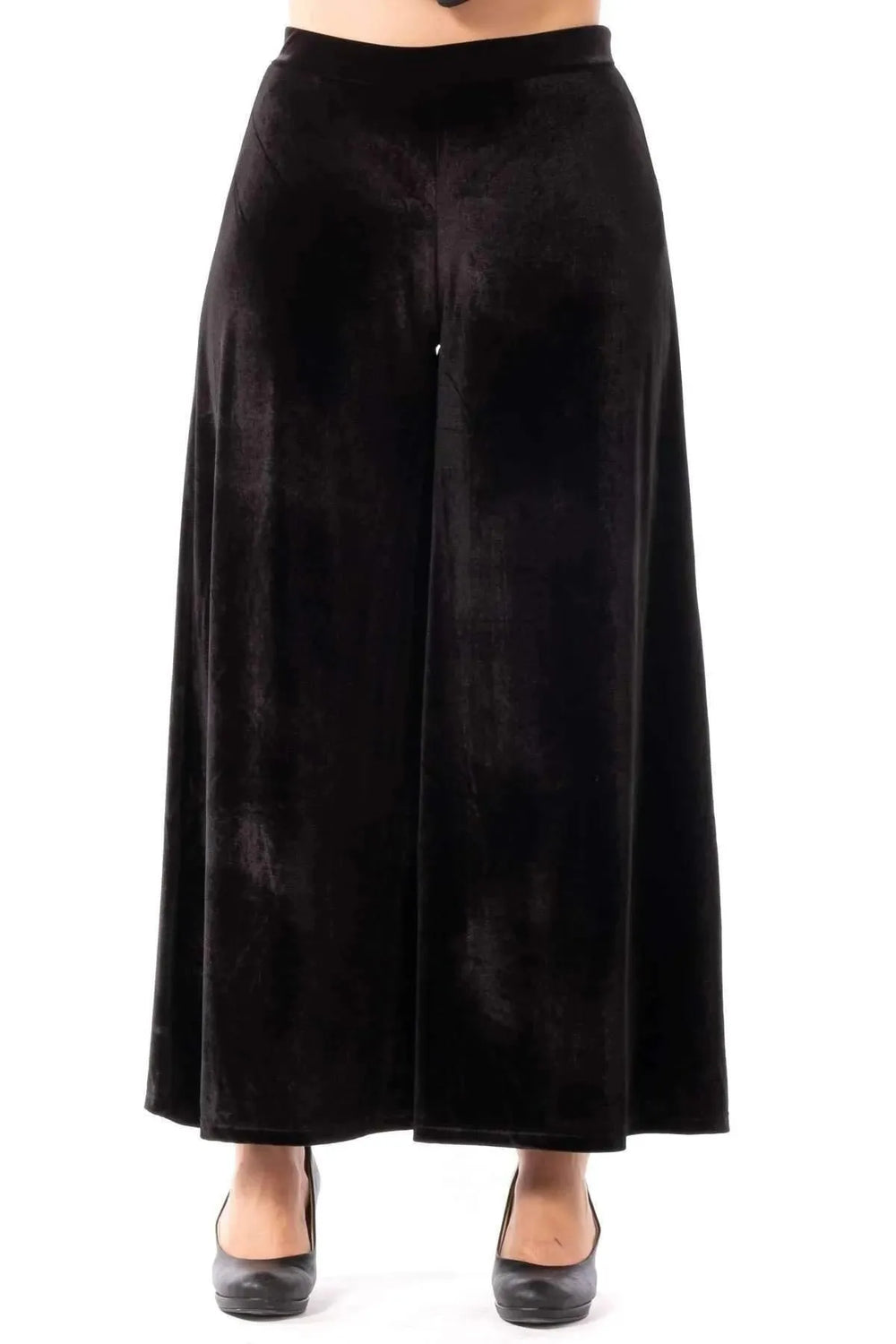 Женские бархатные брюки больших размеров черного цвета с высокой посадкой и широкими штанинами - Image 3