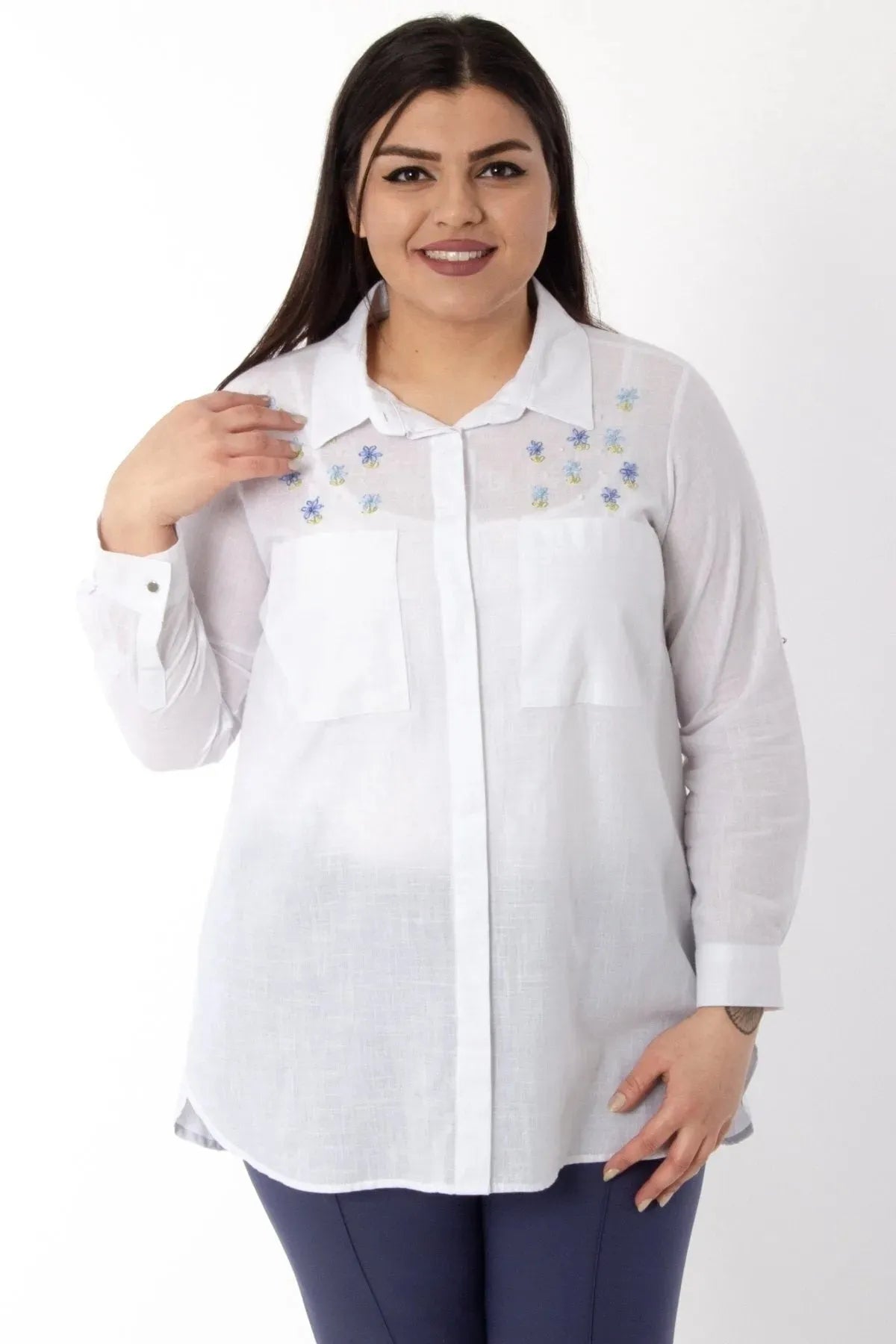 Plus Size Women's Salmon Embroidered Cotton Viscose Shirt