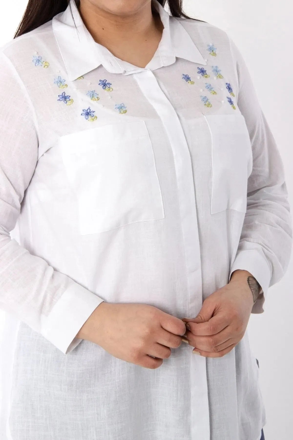 Plus Size Women's Salmon Embroidered Cotton Viscose Shirt