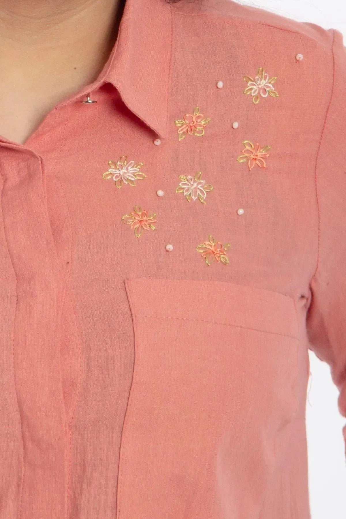 Plus Size Women's Salmon Embroidered Cotton Viscose Shirt