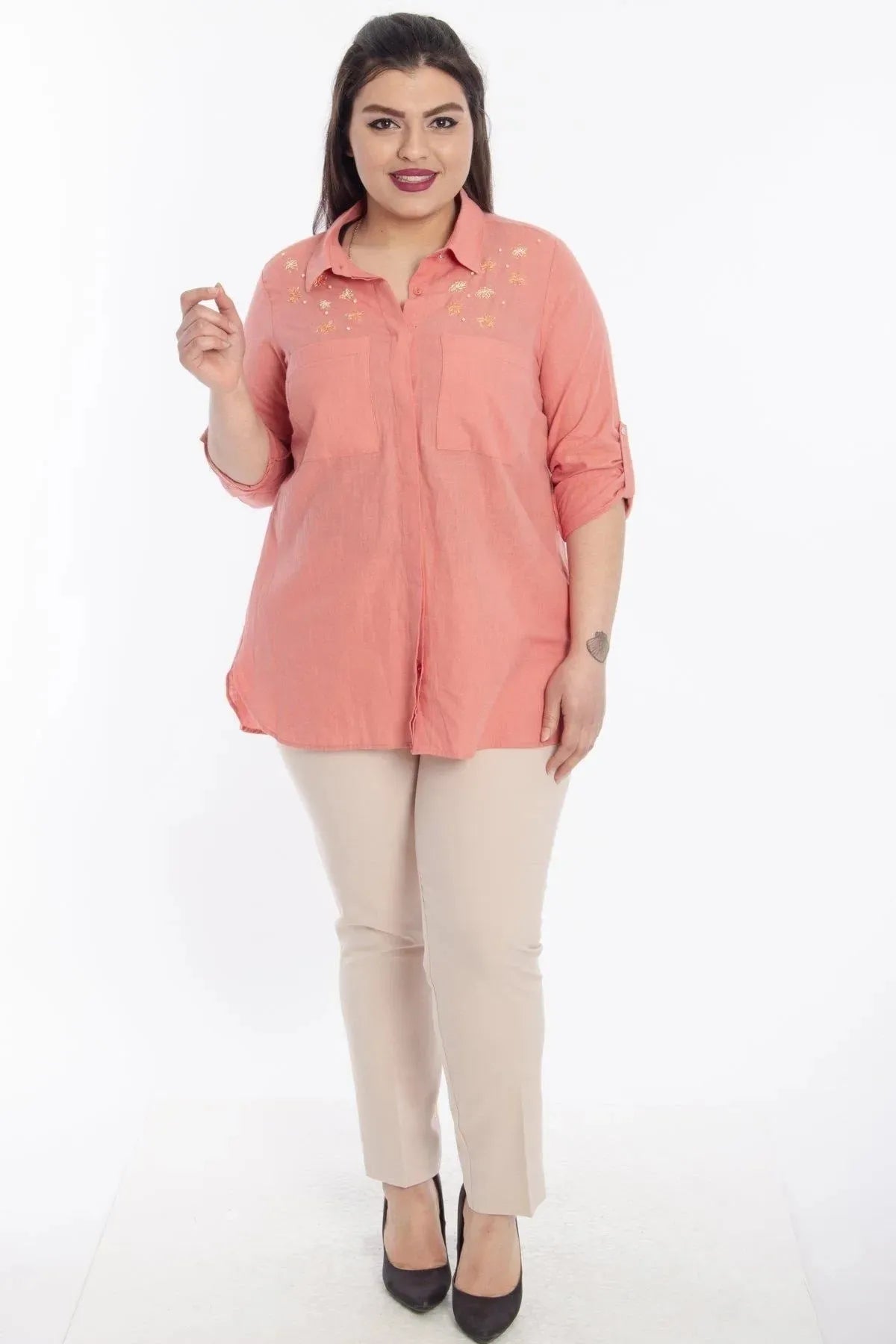 Plus Size Women's Salmon Embroidered Cotton Viscose Shirt