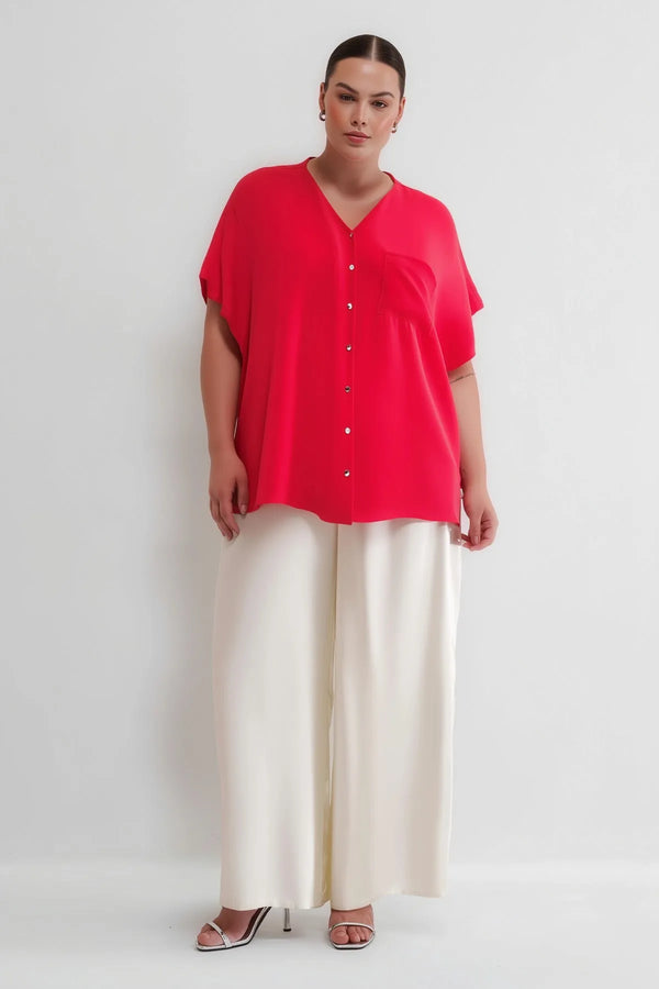 Plus Size Women's V-Neck Batwing Sleeve Button-Down Jessica Crepe Blouse