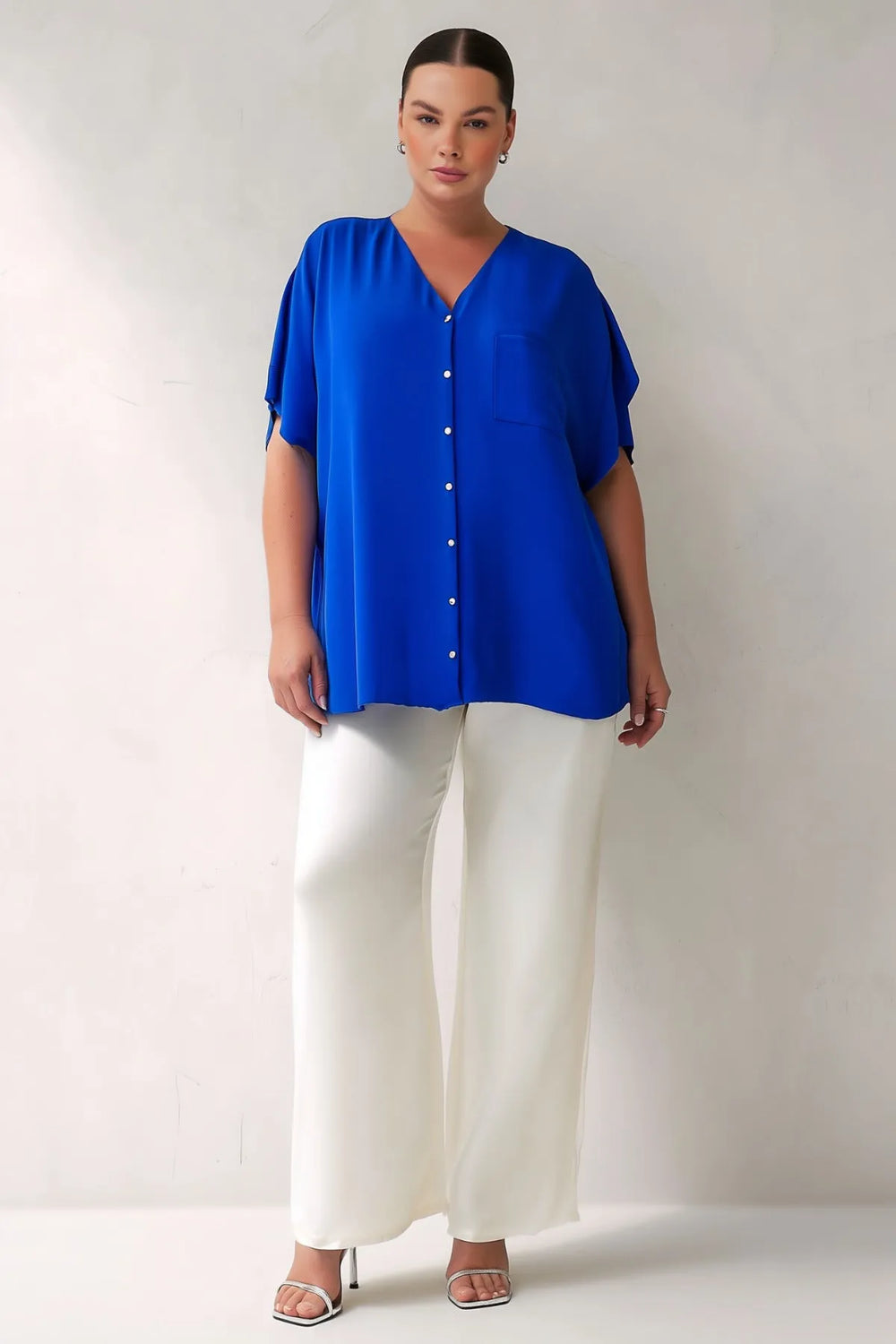 Plus Size Women's V-Neck Batwing Sleeve Button-Down Jessica Crepe Blouse - Image 3