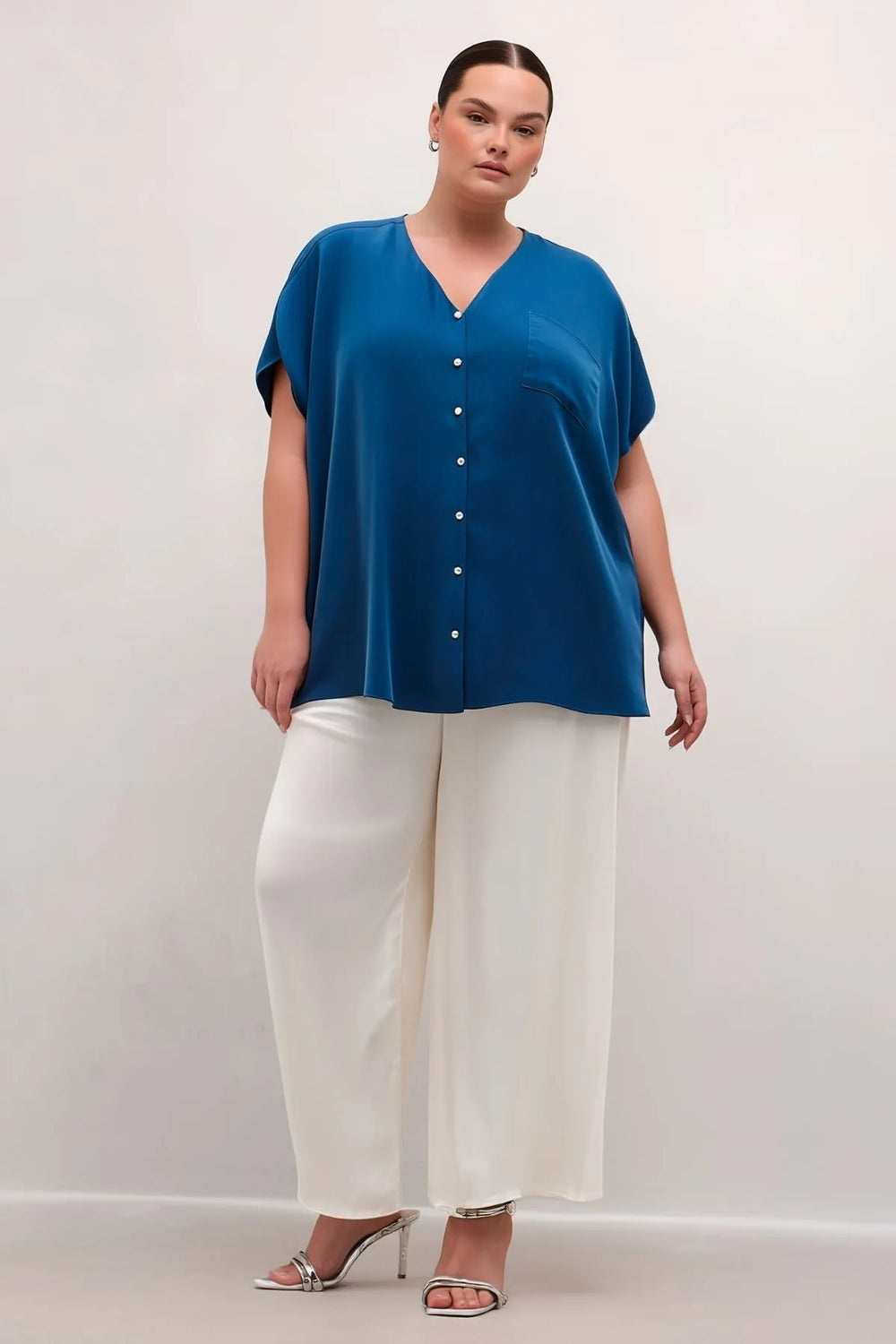 Plus Size Women's V-Neck Batwing Sleeve Button-Down Jessica Crepe Blouse - Image 4