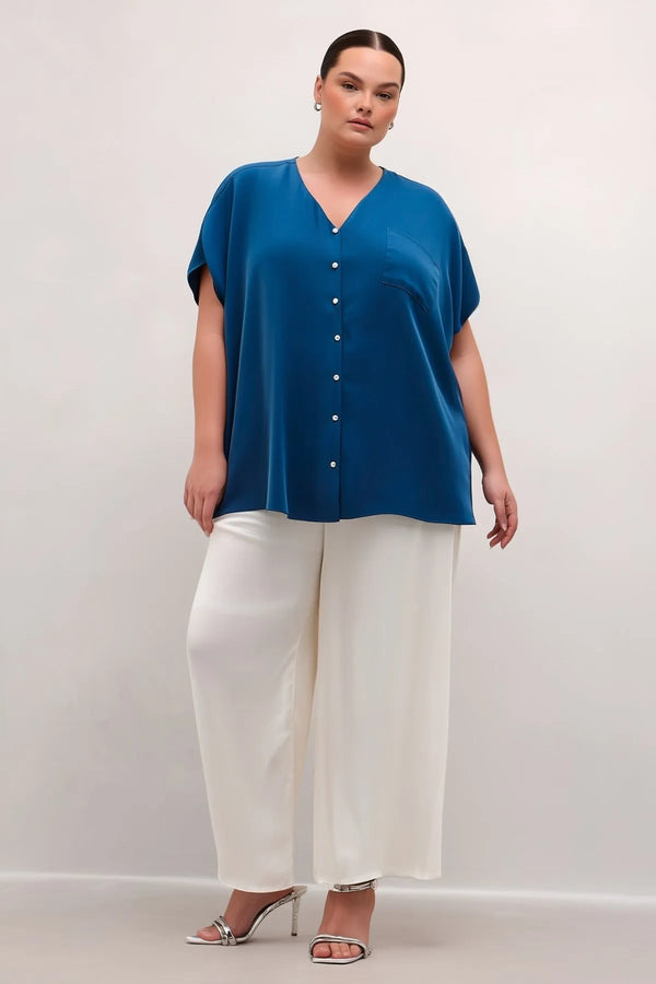 Plus Size Women's V-Neck Batwing Sleeve Button-Down Jessica Crepe Blouse
