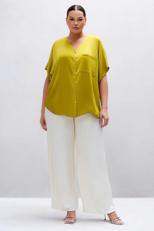 Plus Size Women's V-Neck Batwing Sleeve Button-Down Jessica Crepe Blouse