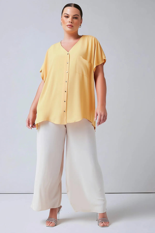 Plus Size Women's V-Neck Batwing Sleeve Button-Down Jessica Crepe Blouse