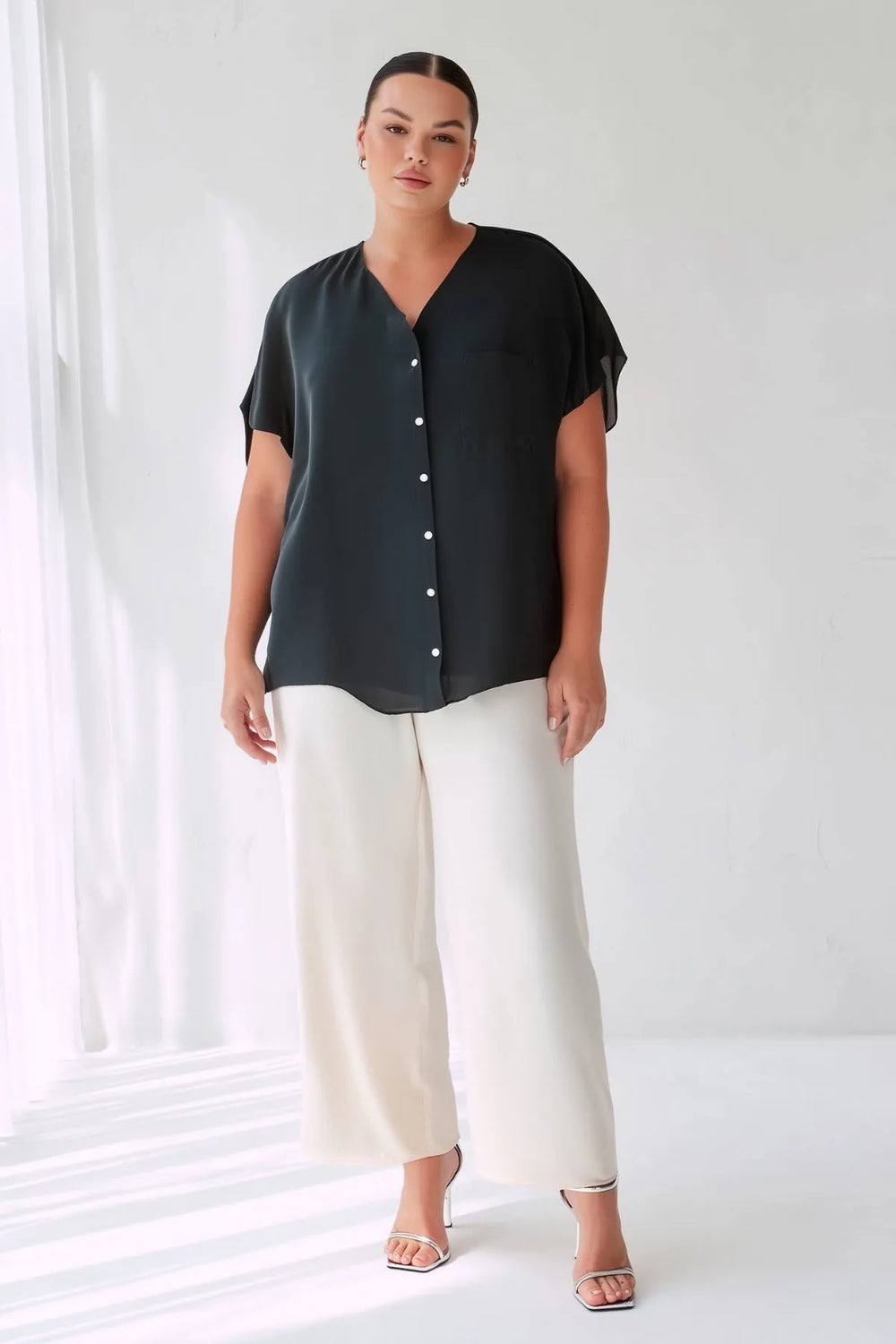 Plus Size Women's V-Neck Batwing Sleeve Button-Down Jessica Crepe Blouse - Image 10