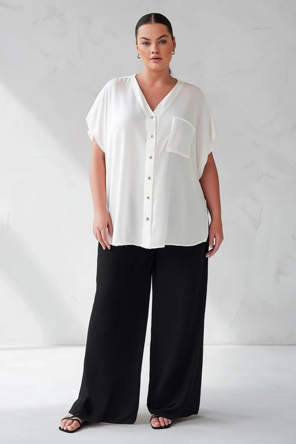 Plus Size Women's V-Neck Batwing Sleeve Button-Down Jessica Crepe Blouse