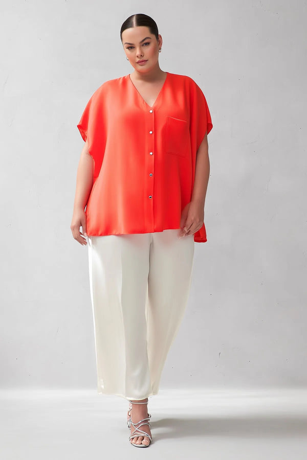 Plus Size Women's V-Neck Batwing Sleeve Button-Down Jessica Crepe Blouse