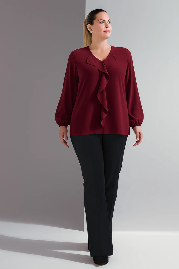 Büyük Beden Kadın Büyük Beden Kadın Volan Yakalı Jessica Krep Bluz Büyük Beden Bluz Bordo Düz Renk