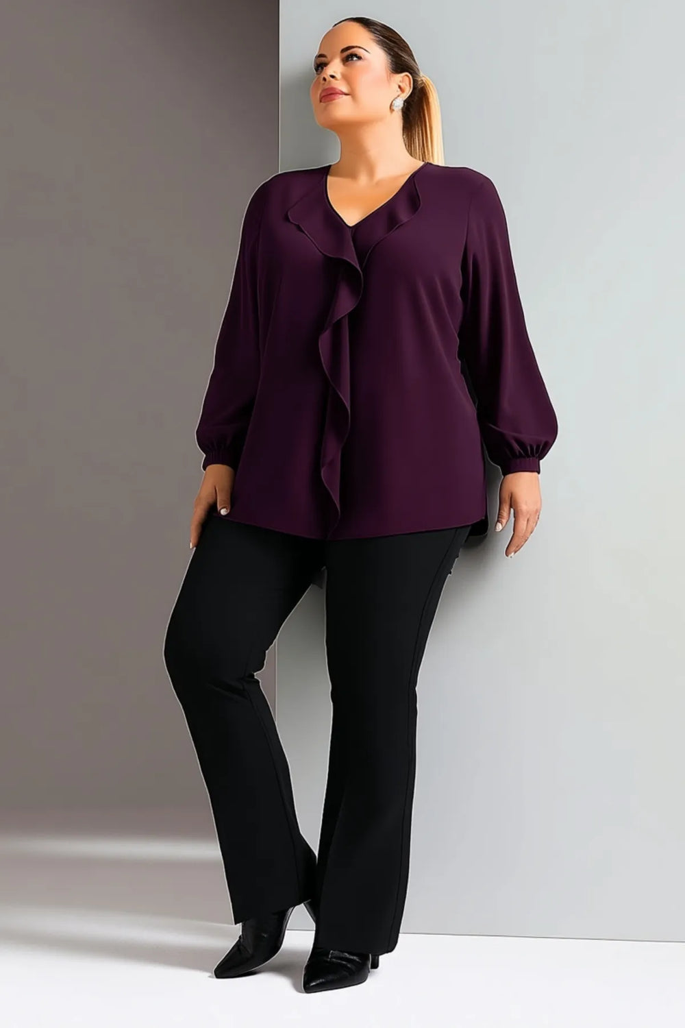 Женская блузка больших размеров из крепа Джессика с воротником-воланом - Image 32