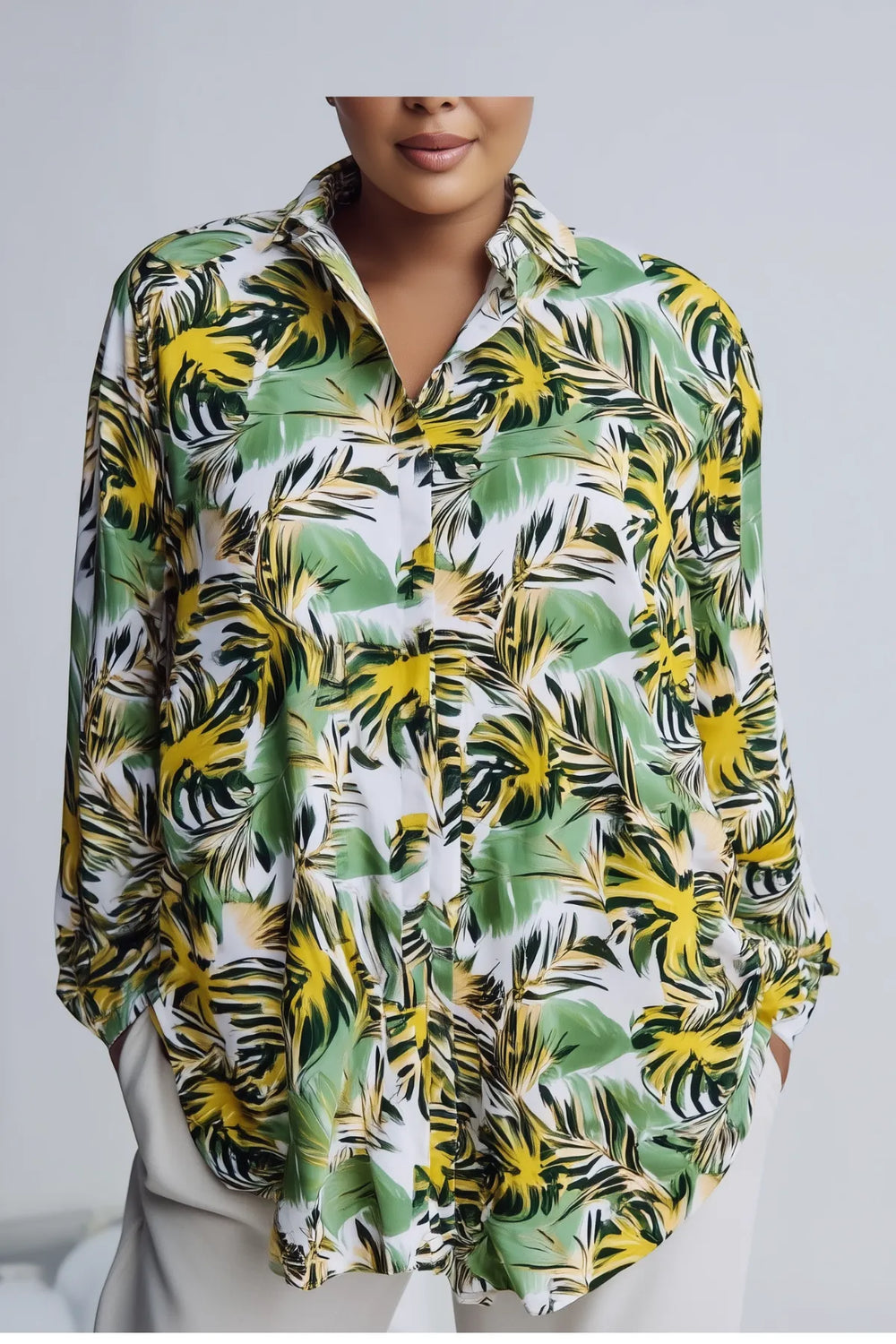 Plus Size Women's Leaf Print Cotton Viscose Long Shirt - Image 4