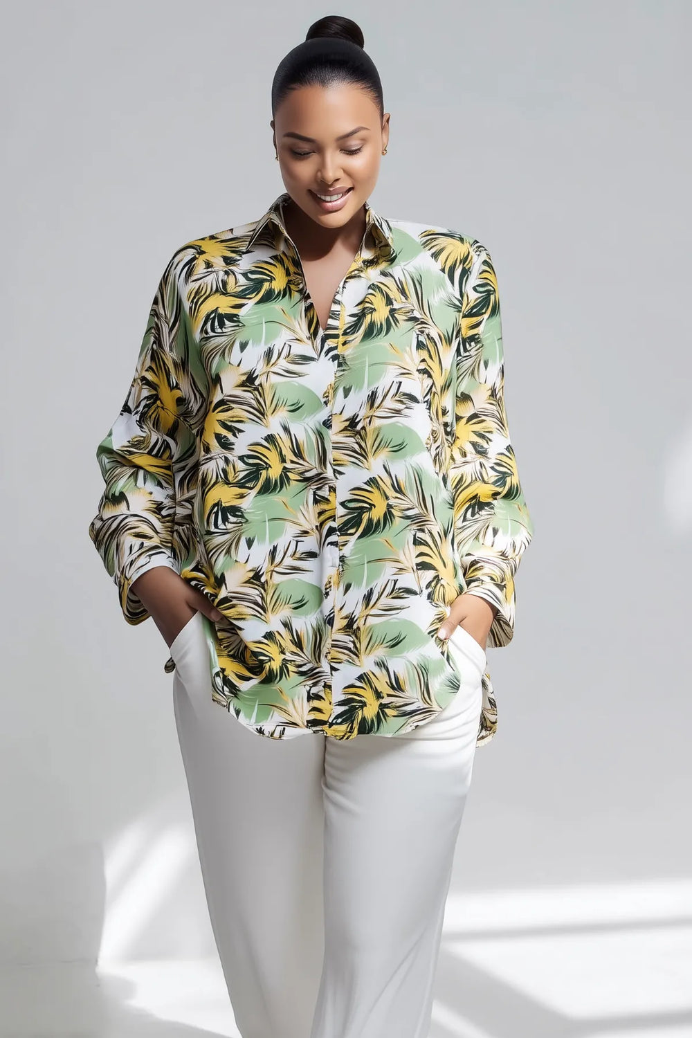Plus Size Women's Leaf Print Cotton Viscose Long Shirt - Image 5