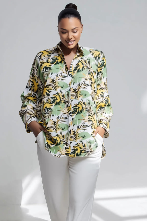 Plus Size Women's Leaf Print Cotton Viscose Long Shirt