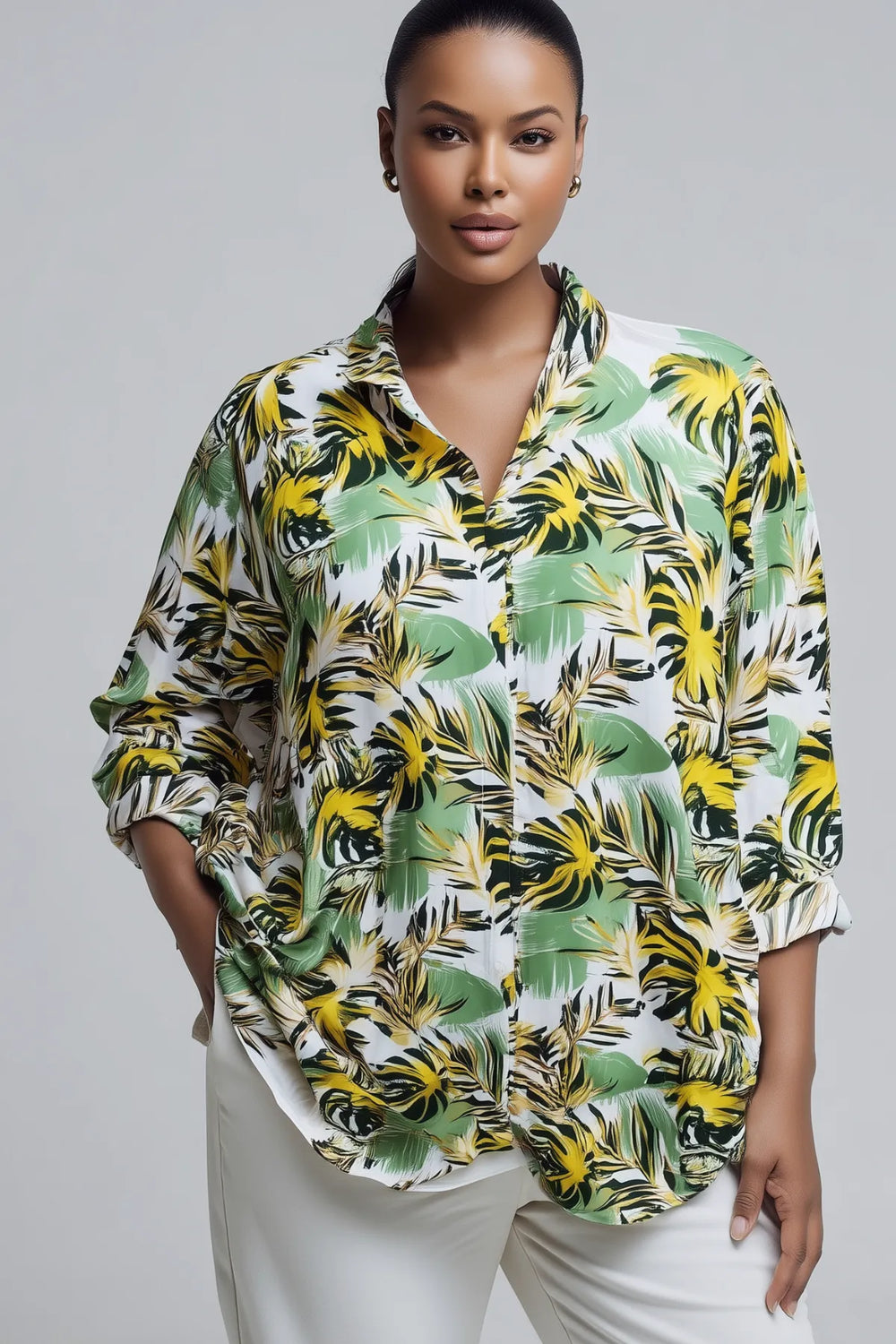 Plus Size Women's Leaf Print Cotton Viscose Long Shirt - Image 6