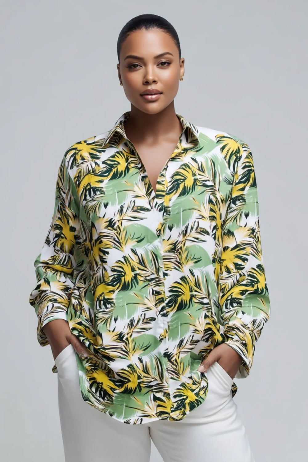 Plus Size Women's Leaf Print Cotton Viscose Long Shirt - Image 7