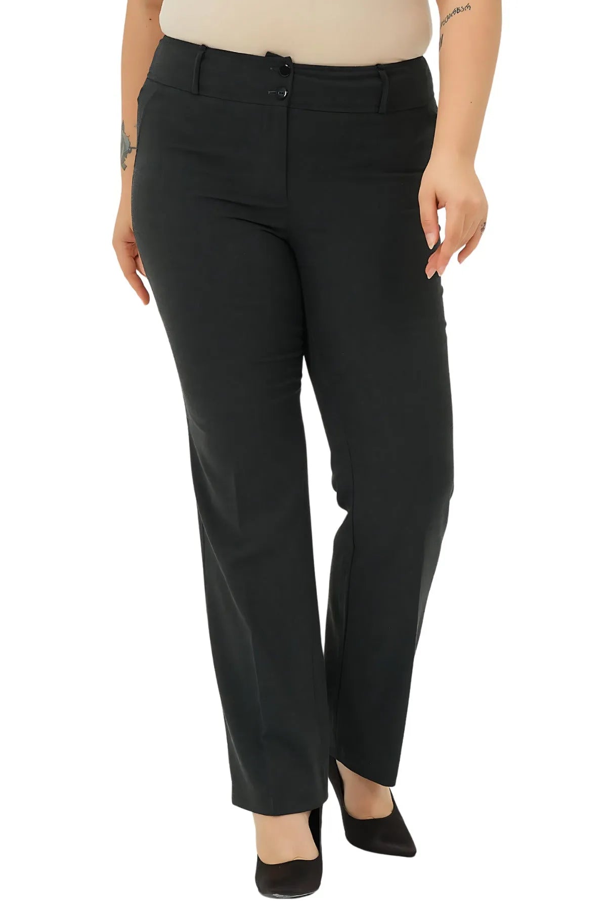 Pantalon Femme Grande Taille à Taille Haute en Lycra Anthracite Coupe Droite