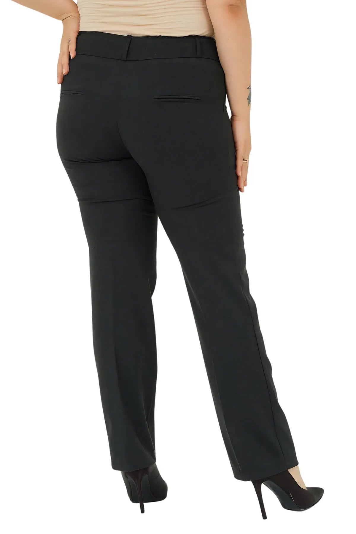 Pantalon Femme Grande Taille à Taille Haute en Lycra Anthracite Coupe Droite