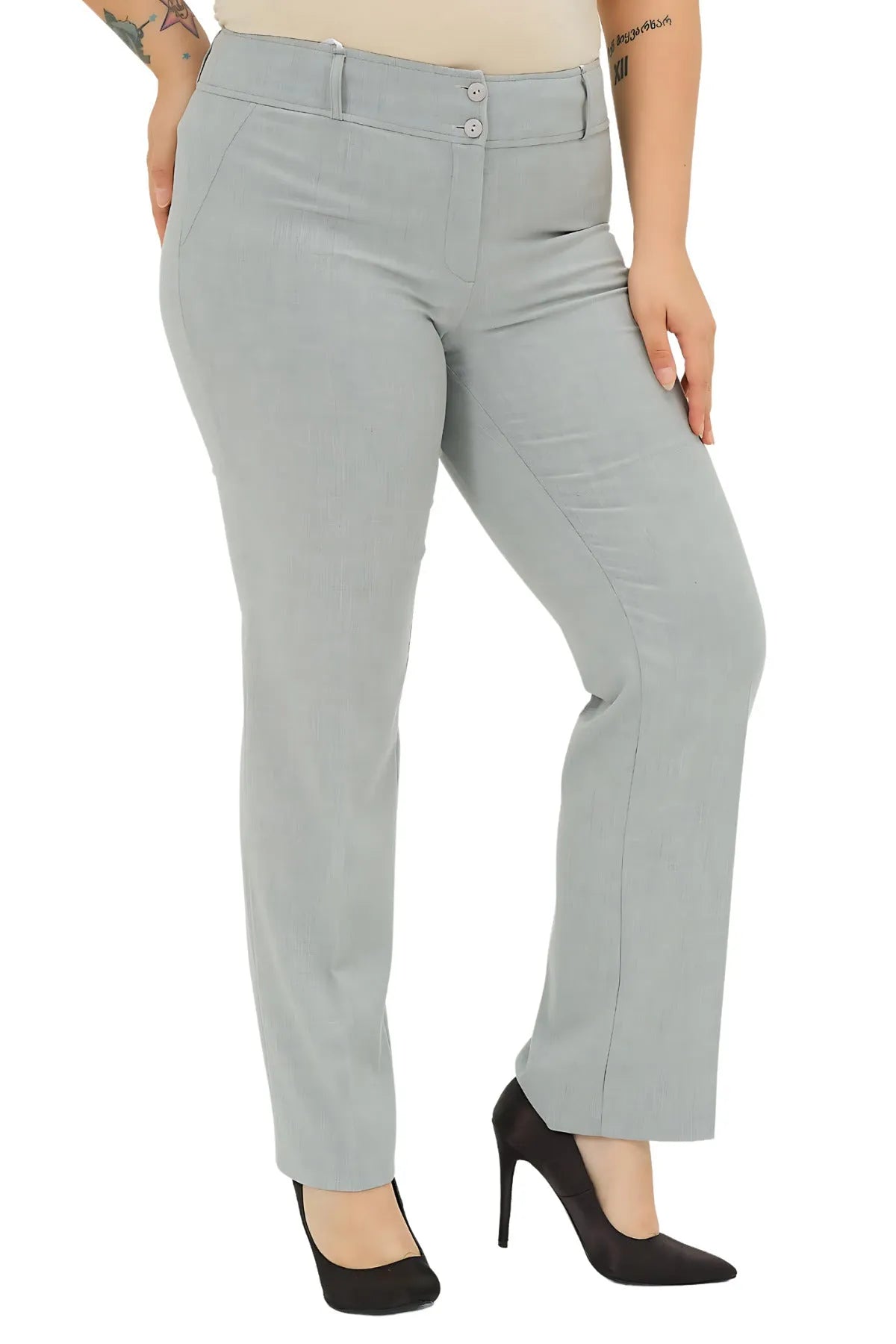 Pantalon Femme Grande Taille à Taille Haute en Lycra Anthracite Coupe Droite