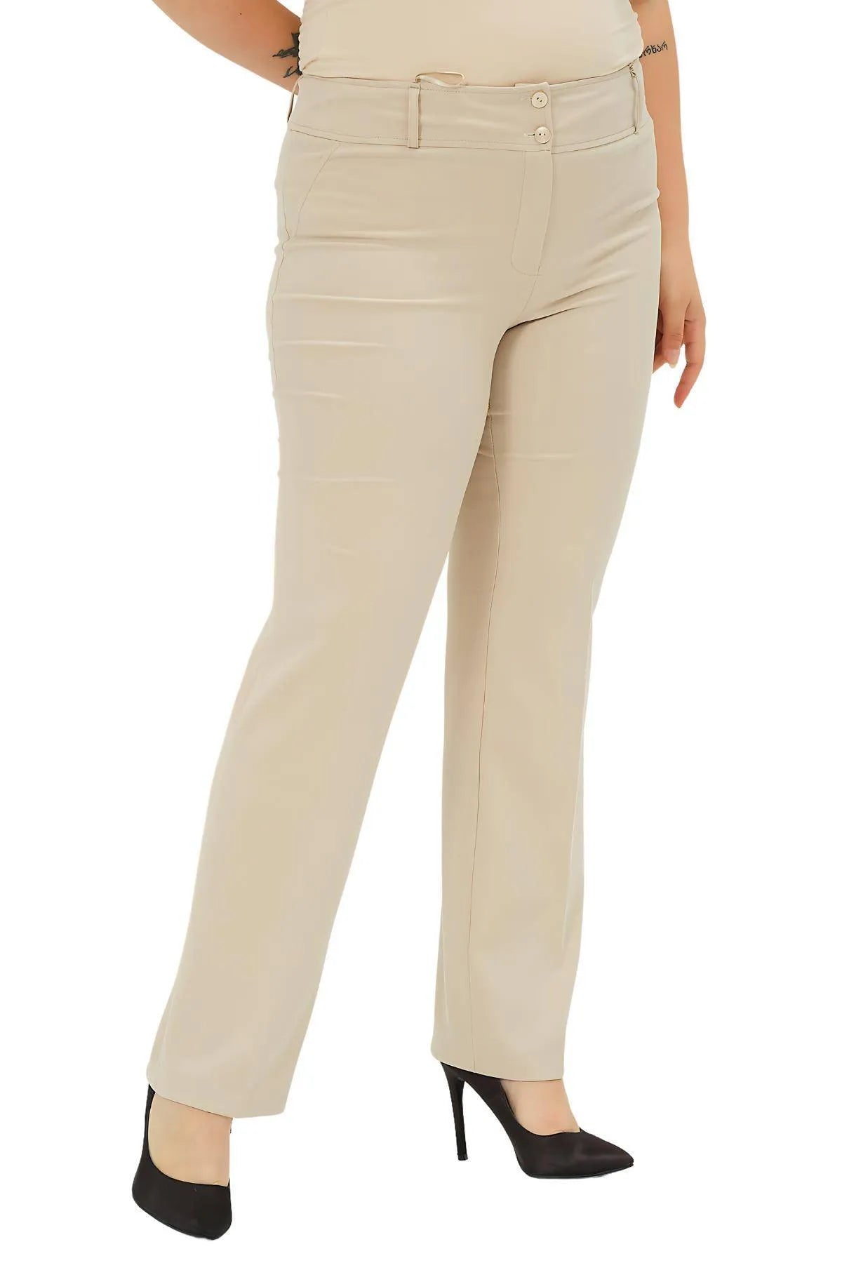 Pantalon Femme Grande Taille à Taille Haute en Lycra Anthracite Coupe Droite