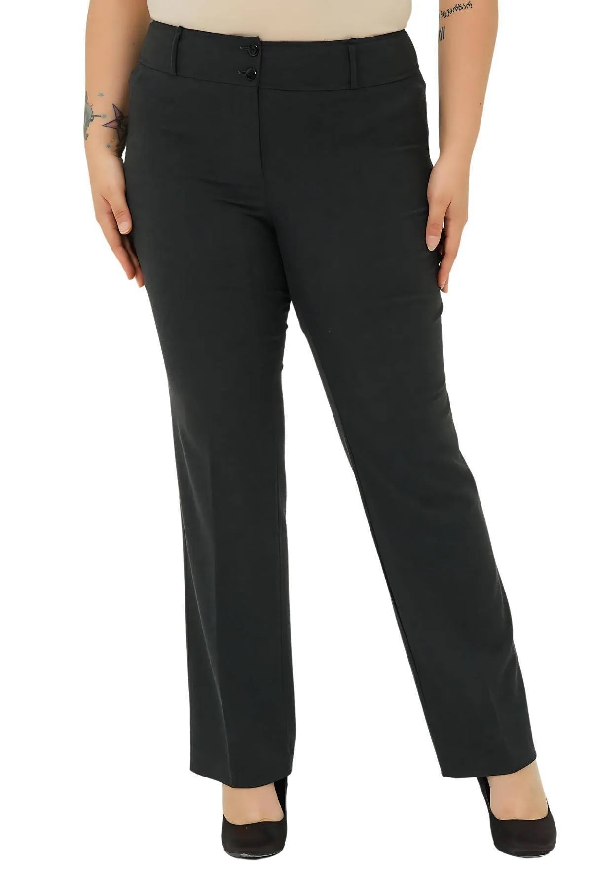 Pantalon Femme Grande Taille à Taille Haute en Lycra Anthracite Coupe Droite
