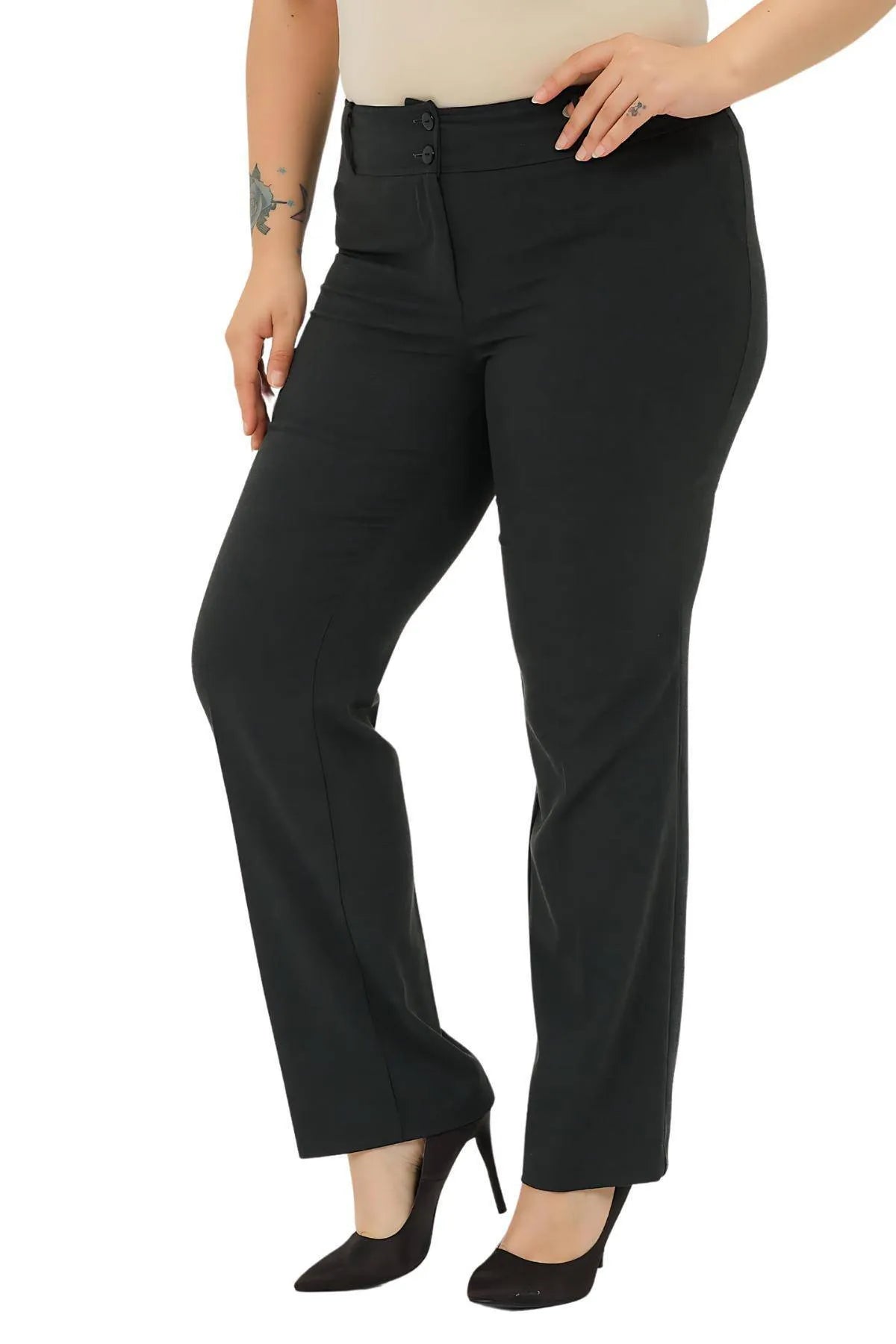 Pantalon Femme Grande Taille à Taille Haute en Lycra Anthracite Coupe Droite