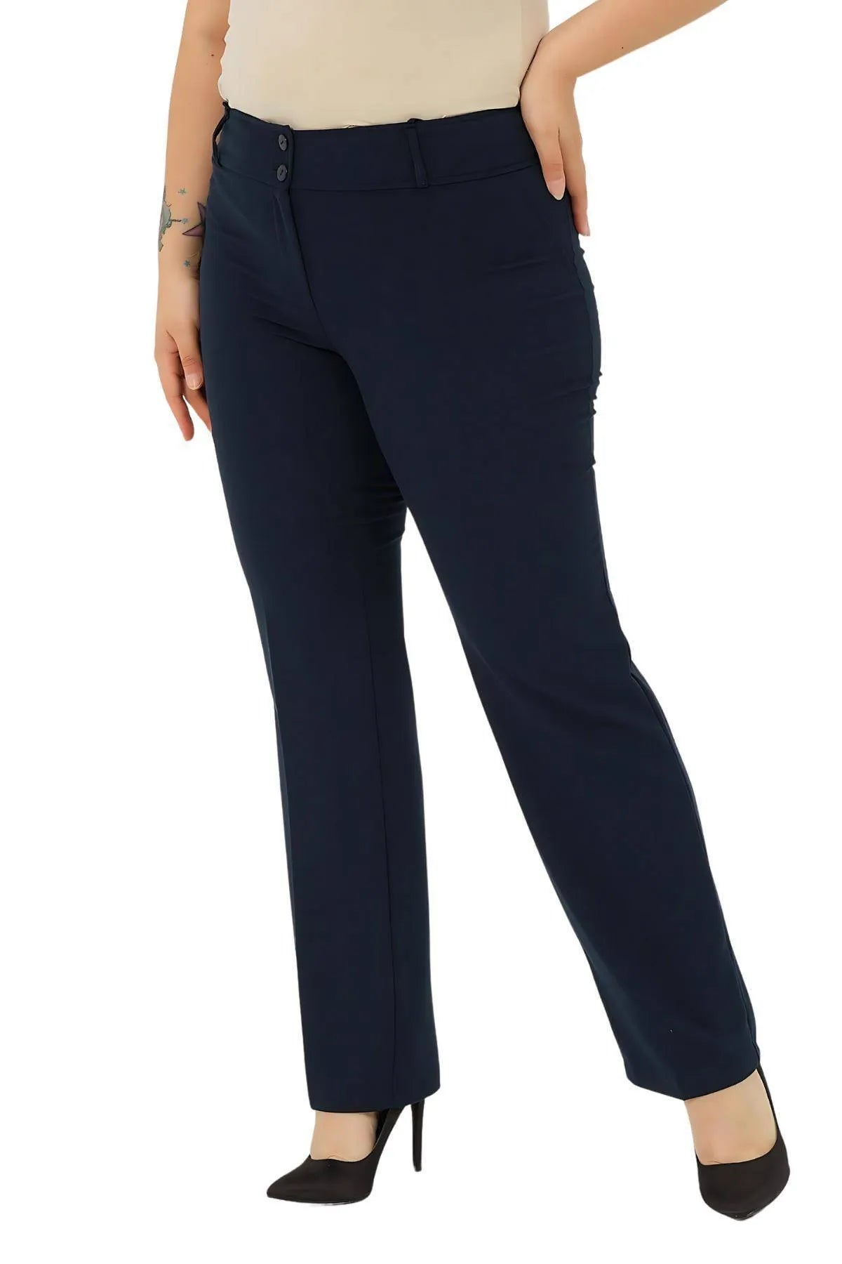 Pantalon Femme Grande Taille à Taille Haute en Lycra Anthracite Coupe Droite