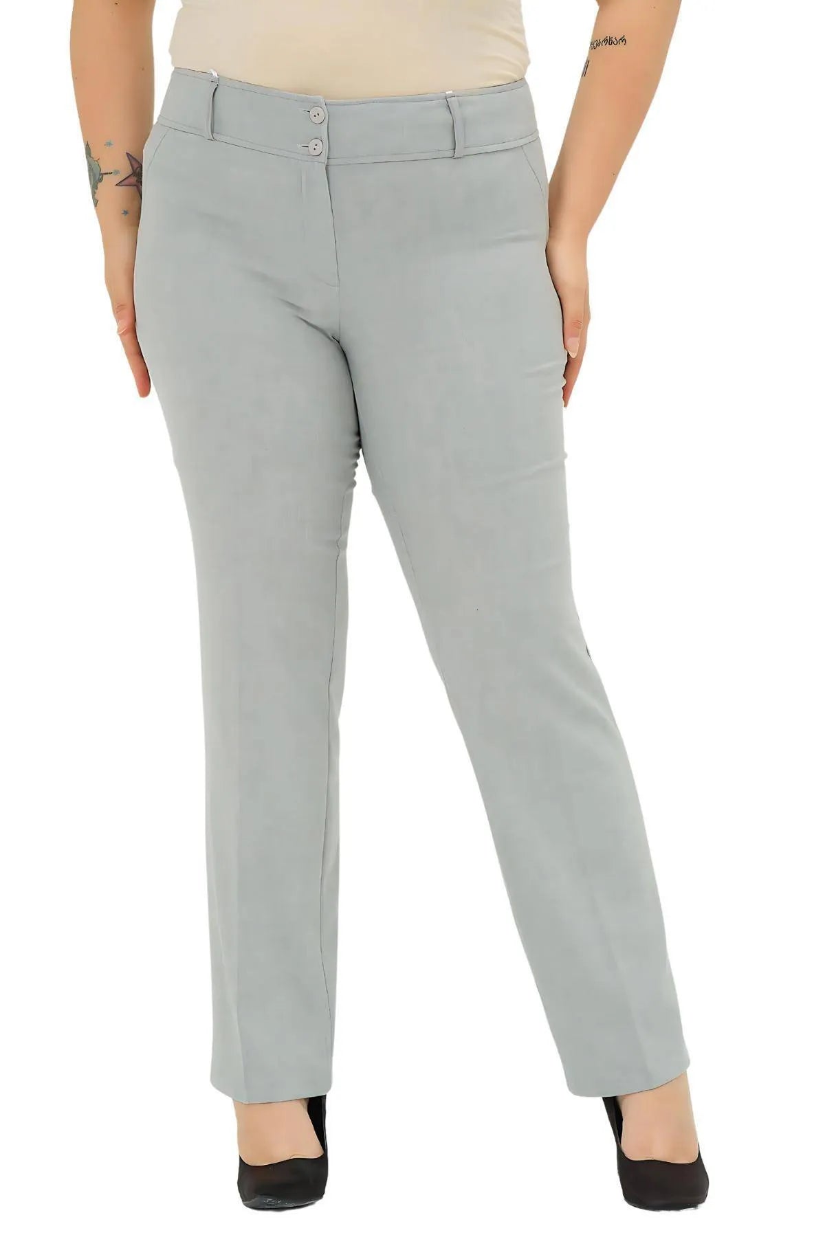 Pantalon Femme Grande Taille à Taille Haute en Lycra Anthracite Coupe Droite