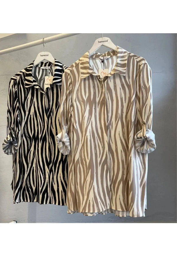 Plus-Size Damen Tunika-Hemd mit Zebra-Print aus Baumwoll-Viscose - Beige
