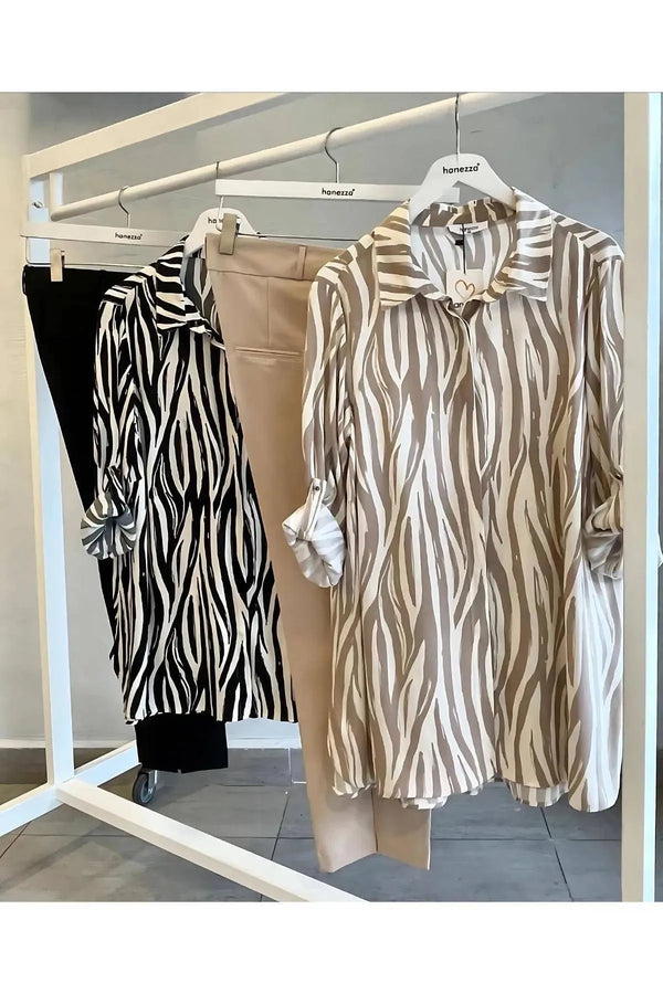 Plus-Size Damen Tunika-Hemd mit Zebra-Print aus Baumwoll-Viscose - Beige