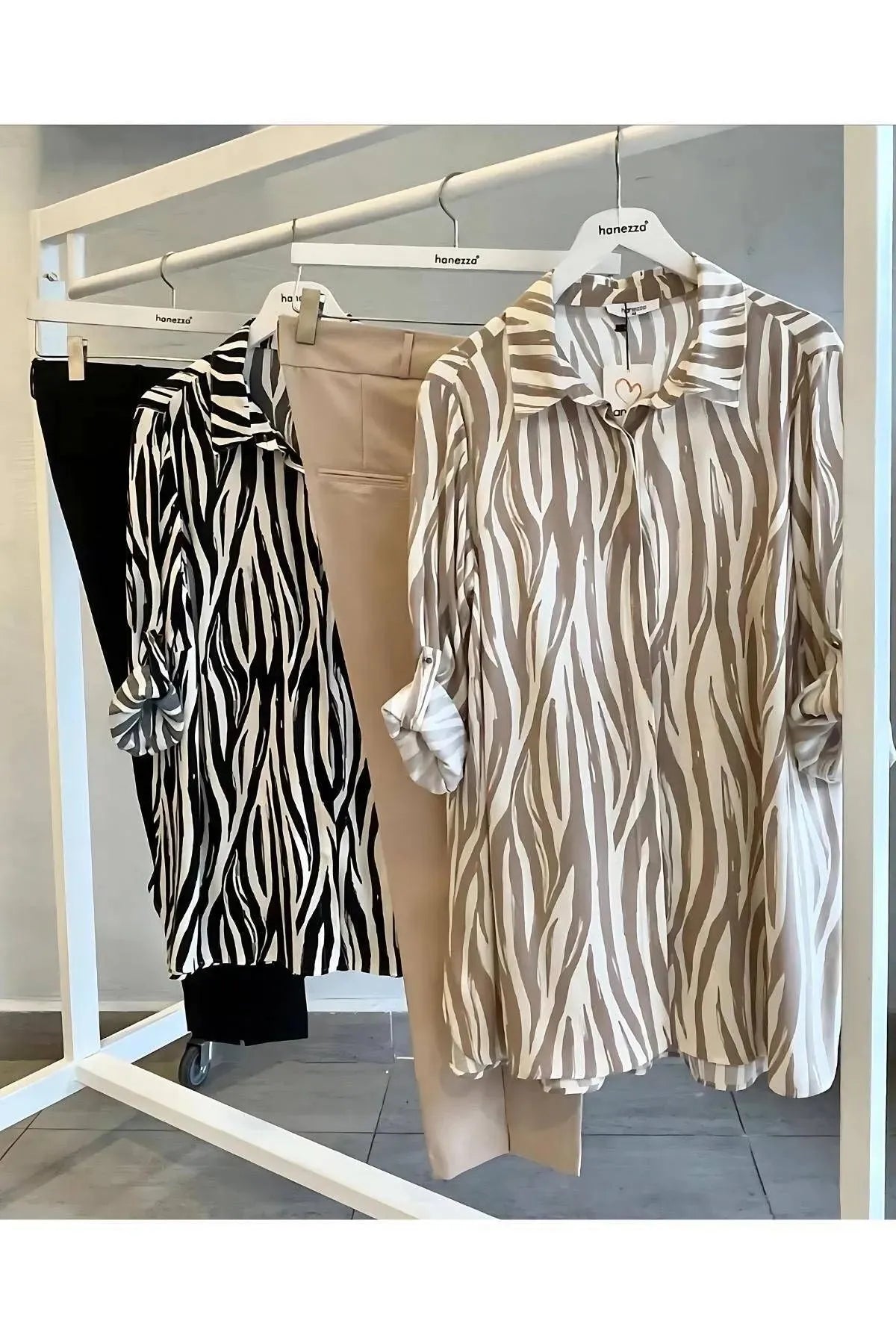 Büyük Beden Kadın Büyük Beden Kadın Zebra Desenli Pamuklu Viskon Tunik Gömlek - Bej Büyük Beden Gömlek Bej Zebra Desenli