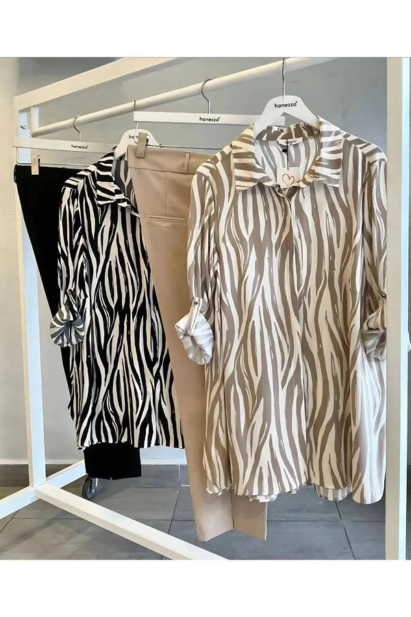Plus-Size Damen Tunika-Hemd mit Zebra-Print aus Baumwoll-Viscose - Beige