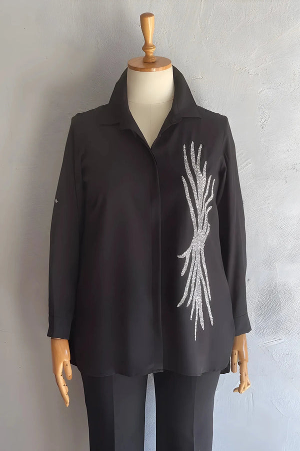 Büyük Beden Kadın Büyük Beden Kaliteli Krep Abiye Gömlek Gümüş Boncuk Detay Siyah Büyük Beden Abiye Gömlek Siyah Krep