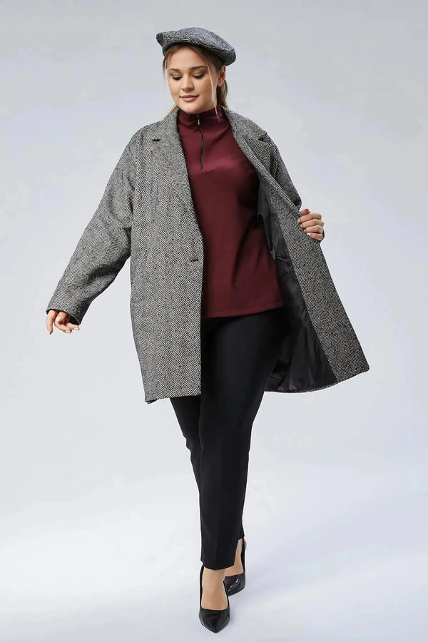 Büyük Beden Kadın Büyük Beden Kaşe Ceket Balık Sırtı Desenli - Kış Kadın Mont Büyük Beden Kaban Gri Balık Sırtı