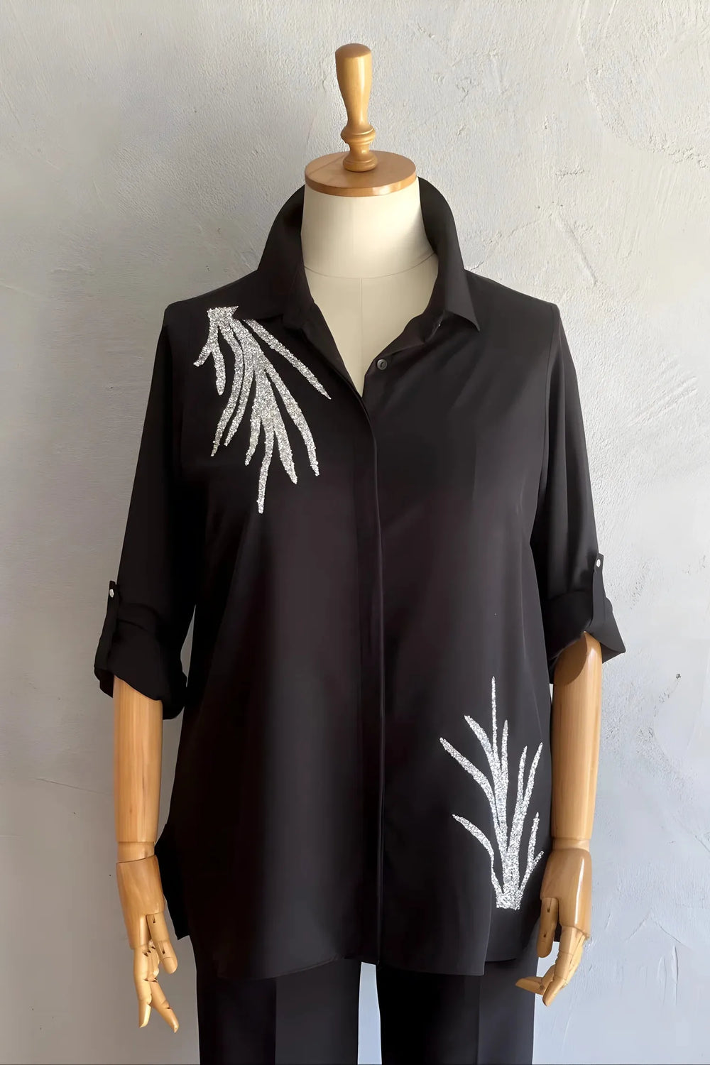 Plus Size Crepe Evening Blouse with Elegant Silver Bead Detail - Image 1