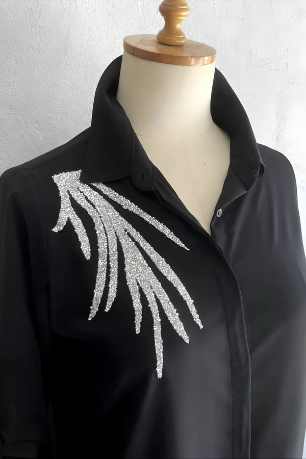 Plus Size Crepe Evening Blouse with Elegant Silver Bead Detail