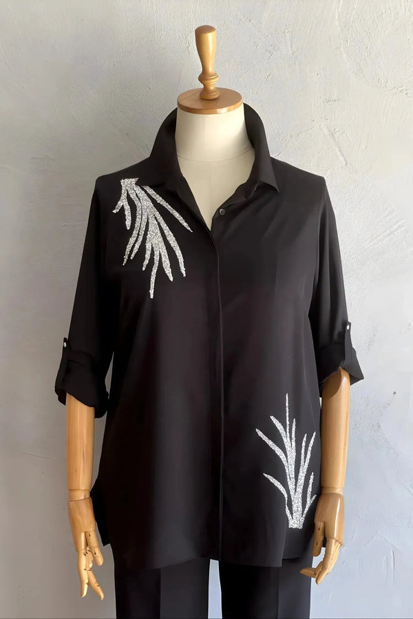 Plus Size Crepe Evening Blouse with Elegant Silver Bead Detail