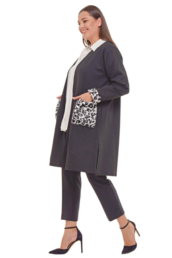 Büyük Beden Leopar Desenli Çelik Örgü Hırka