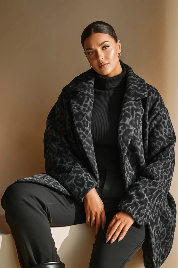Büyük Beden Kadın Büyük Beden Leopar Desenli Kaşe Kaban - Kış Sezonu Şık Büyük Beden Kaban Siyah Leopar Desenli