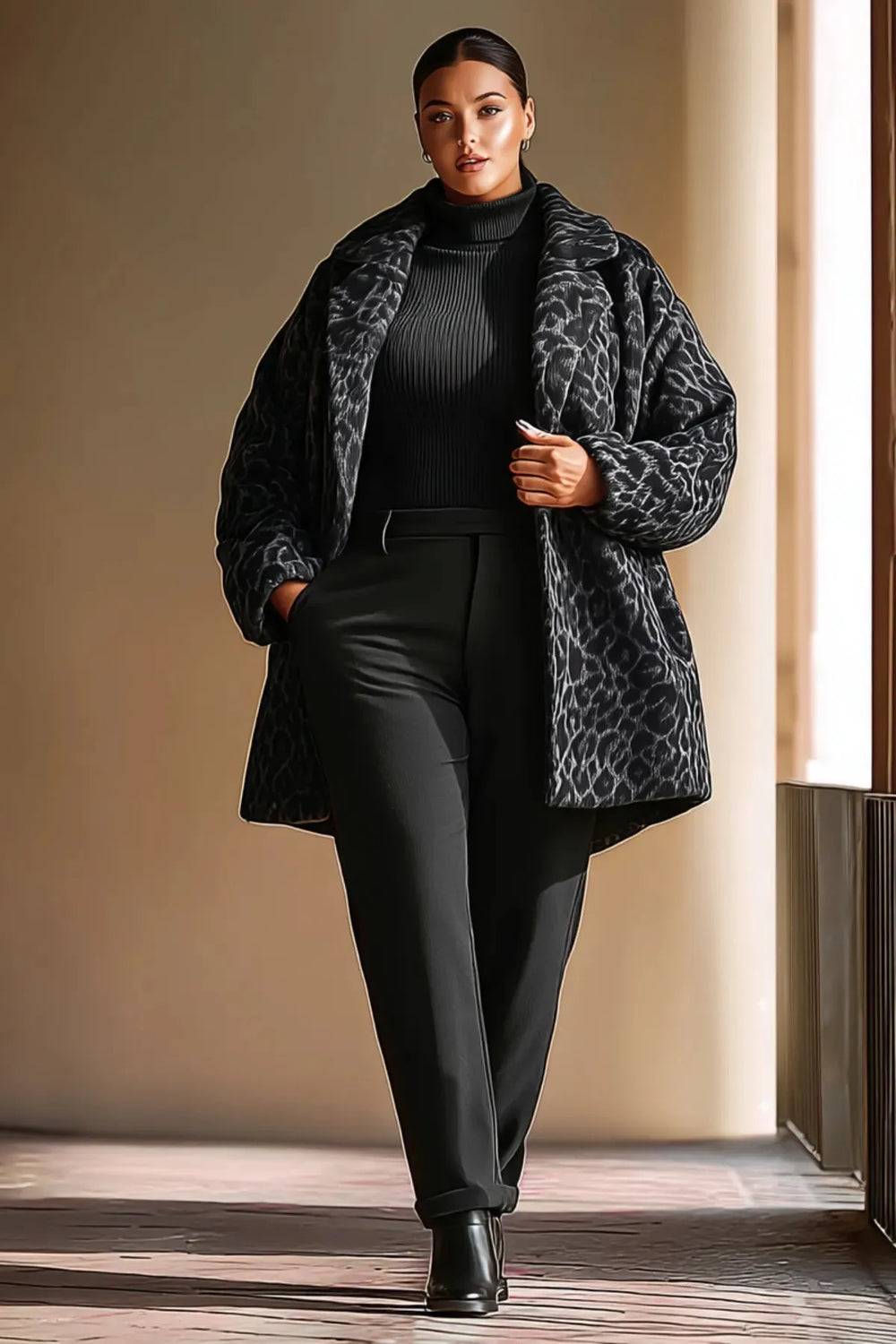 Büyük Beden Leopar Desenli Kaşe Kaban - Kış Sezonu Şık - Image 2