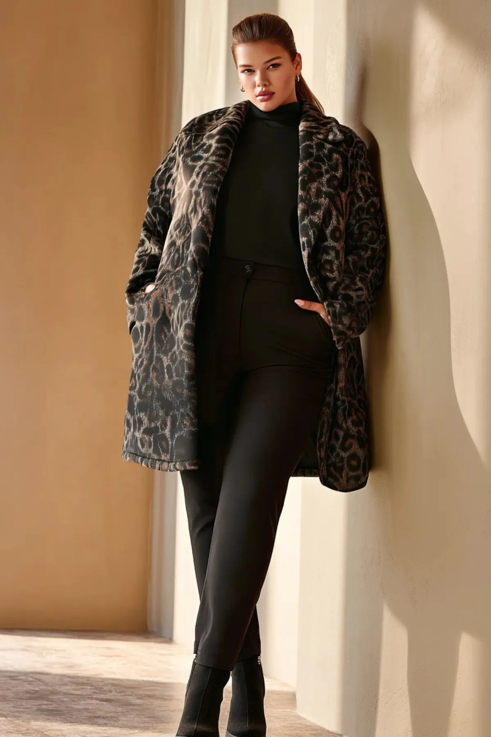 Büyük Beden Leopar Desenli Kaşe Kaban - Kış Sezonu Şık - Image 4