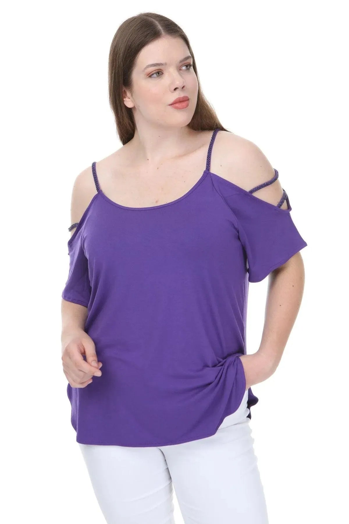 Blouse violette Hanezza grande taille en coton-viscose avec perles aux épaules