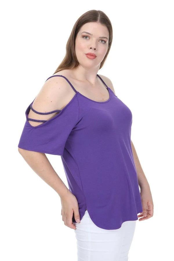 Plus Size Purple Women's Blouse - Beaded Shoulder Detail Cotton Viscose