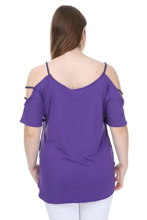 Plus Size Purple Women's Blouse - Beaded Shoulder Detail Cotton Viscose
