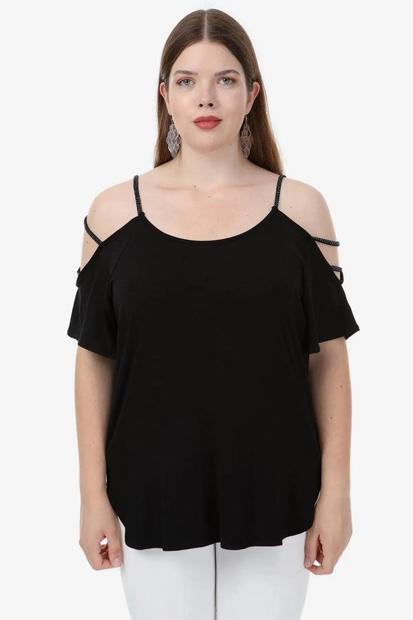 Plus Size Purple Women's Blouse - Beaded Shoulder Detail Cotton Viscose