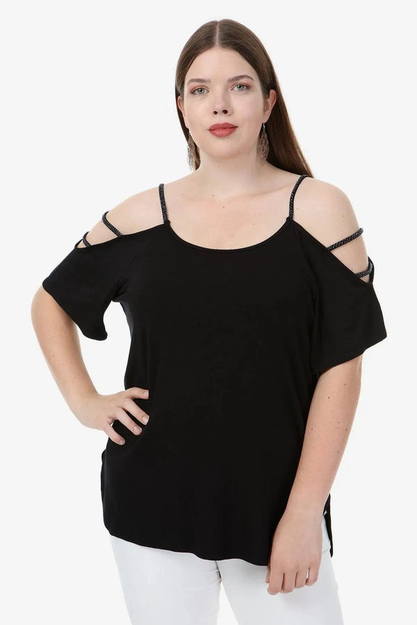 Plus Size Purple Women's Blouse - Beaded Shoulder Detail Cotton Viscose