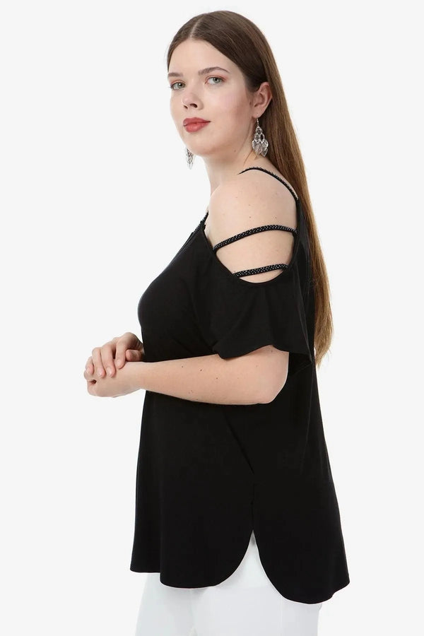 Plus Size Purple Women's Blouse - Beaded Shoulder Detail Cotton Viscose