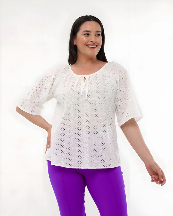 Büyük Beden Kadın Büyük Beden Pamuklu Reglan Kol Bluz - Hanezza Büzgülü Yaka Ticari Ürün [Beyaz] [Ajurlu]